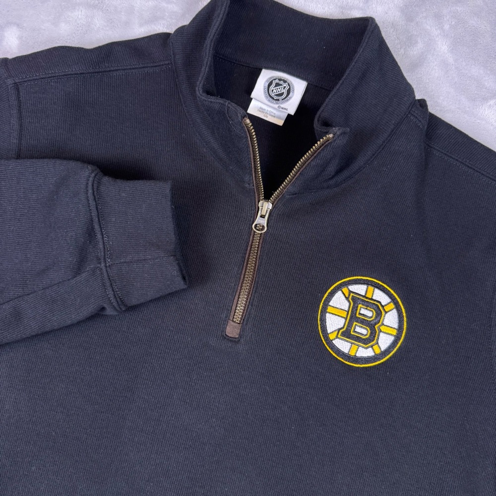 NHL Boston Bruins Quarter Zip Pullover Sweatshirt Mens Large Black Embroidered